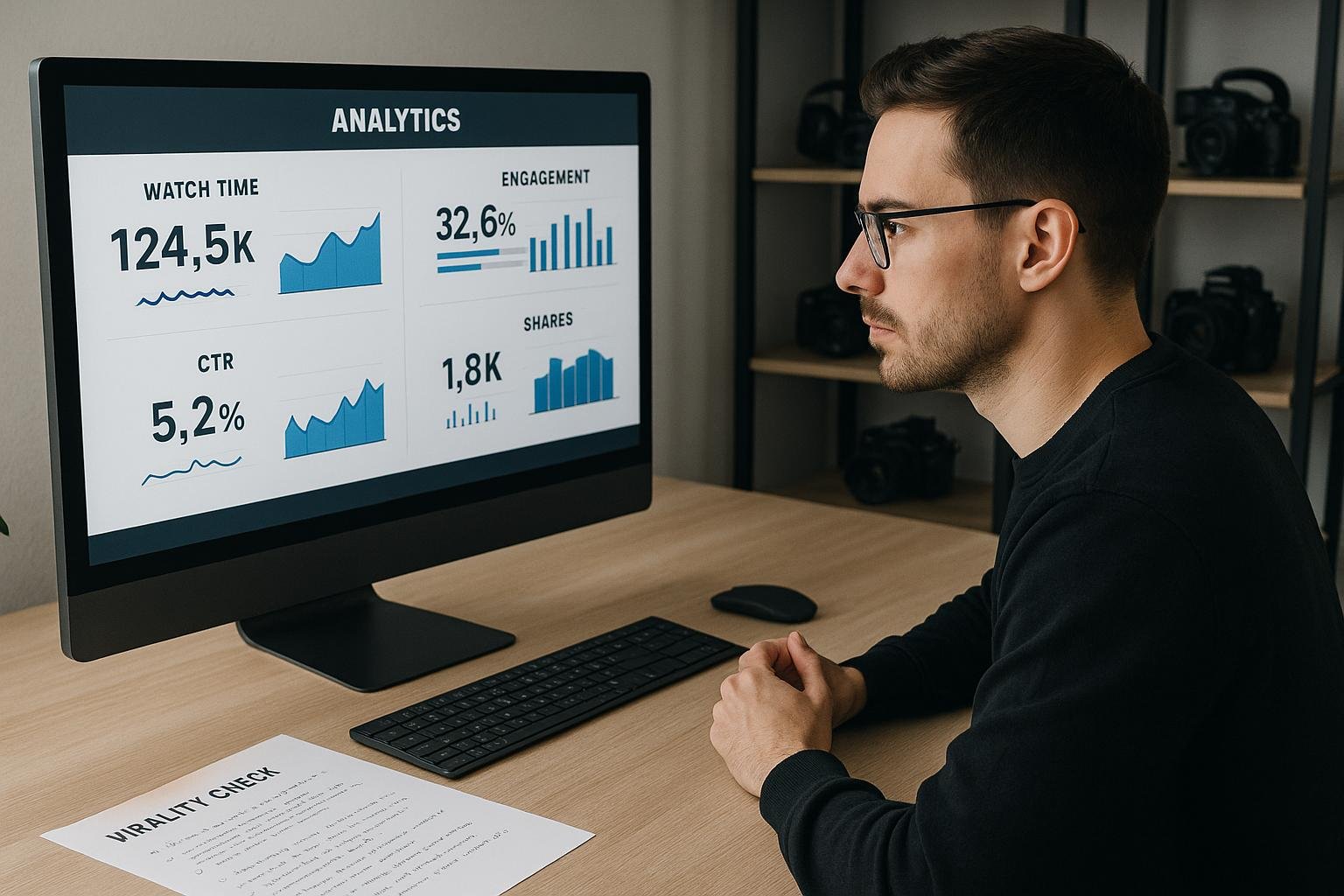 Ein moderner Arbeitsplatz mit großem Bildschirm, Analyse-Software und Notizen zum Viralitäts-Check, im Hintergrund technische Gadgets und Videokameras. Credit: 404 Magazine (Tobias Hager).