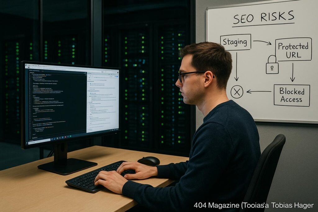 Ein Entwickler arbeitet an einem Computer mit großem Bildschirm, im Hintergrund ein Serverraum und ein Whiteboard mit SEO-Diagrammen, von Tobias Hager, 404 Magazine