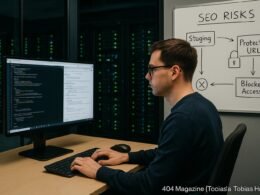 Ein Entwickler arbeitet an einem Computer mit großem Bildschirm, im Hintergrund ein Serverraum und ein Whiteboard mit SEO-Diagrammen, von Tobias Hager, 404 Magazine