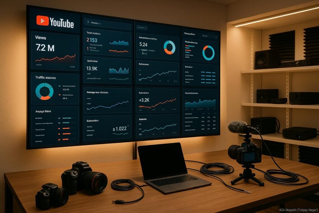 Modernes YouTube-Studio mit großer Bildschirmwand, Kameraausrüstung und technischen Geräten im Kontrollraum-Design, gut beleuchtet und technisch ausgestattet