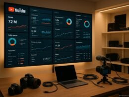 Modernes YouTube-Studio mit großer Bildschirmwand, Kameraausrüstung und technischen Geräten im Kontrollraum-Design, gut beleuchtet und technisch ausgestattet