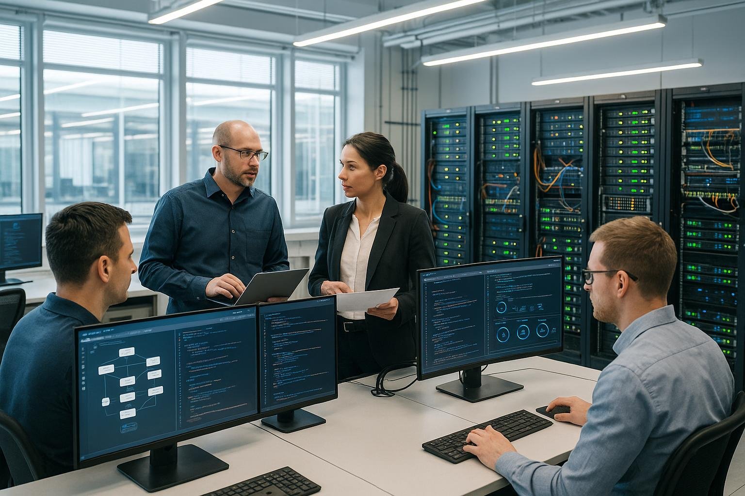 IT-Team bei Migration im modernen Rechenzentrum mit Servern, Monitoren und Netzwerkhardware, Credit: 404 Magazine (Tobias Hager)