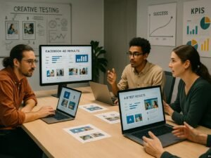 Modernes Büro mit kreativen Fachleuten, die Design-Varianten und Werbedaten auf Monitoren betrachten, Whiteboards mit Diagrammen und Erfolgskurven im Hintergrund