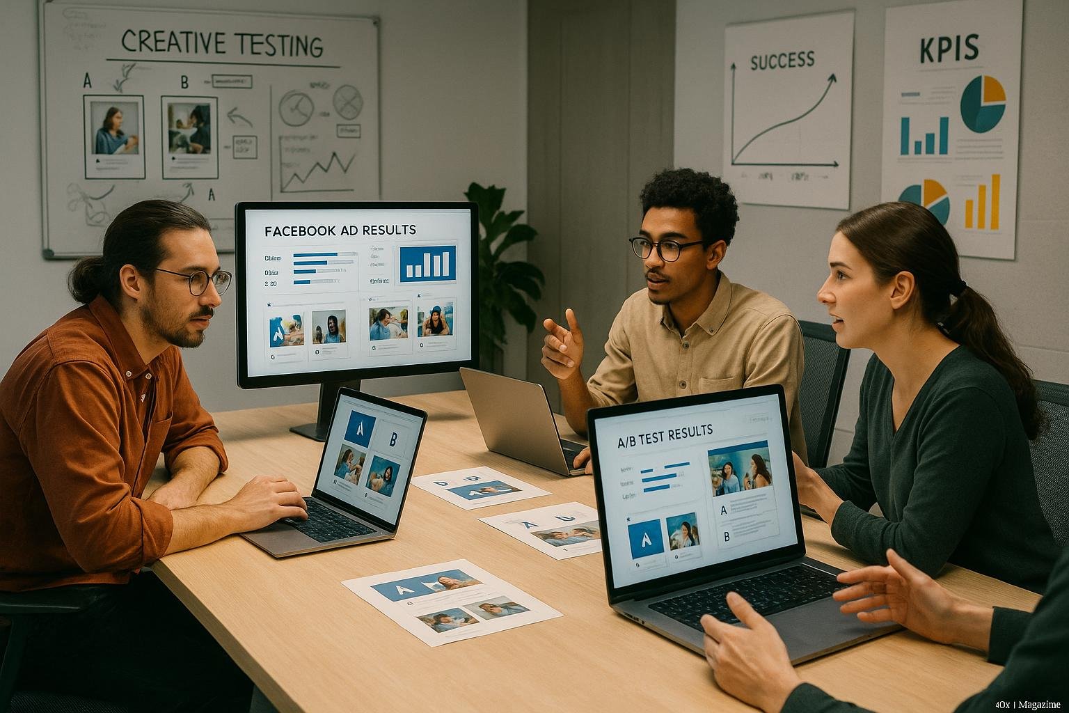 Modernes Büro mit kreativen Fachleuten, die Design-Varianten und Werbedaten auf Monitoren betrachten, Whiteboards mit Diagrammen und Erfolgskurven im Hintergrund
