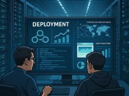 Hochmoderner Serverraum mit Entwicklern vor großen Monitoren, blinkenden Lichtern, Kabelmanagement und CDN-Visualisierungen im futuristischen Umfeld.