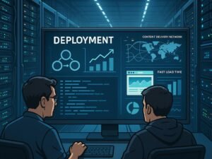 Hochmoderner Serverraum mit Entwicklern vor großen Monitoren, blinkenden Lichtern, Kabelmanagement und CDN-Visualisierungen im futuristischen Umfeld.