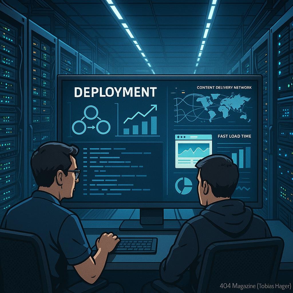 Hochmoderner Serverraum mit Entwicklern vor großen Monitoren, blinkenden Lichtern, Kabelmanagement und CDN-Visualisierungen im futuristischen Umfeld.