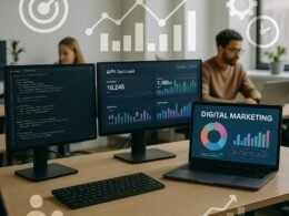 Modernes Büro-Setup mit mehreren Monitoren, Code-Snippets, Datenvisualisierungen und Teams, die an Laptops arbeiten, im hellen, professionellen Umfeld