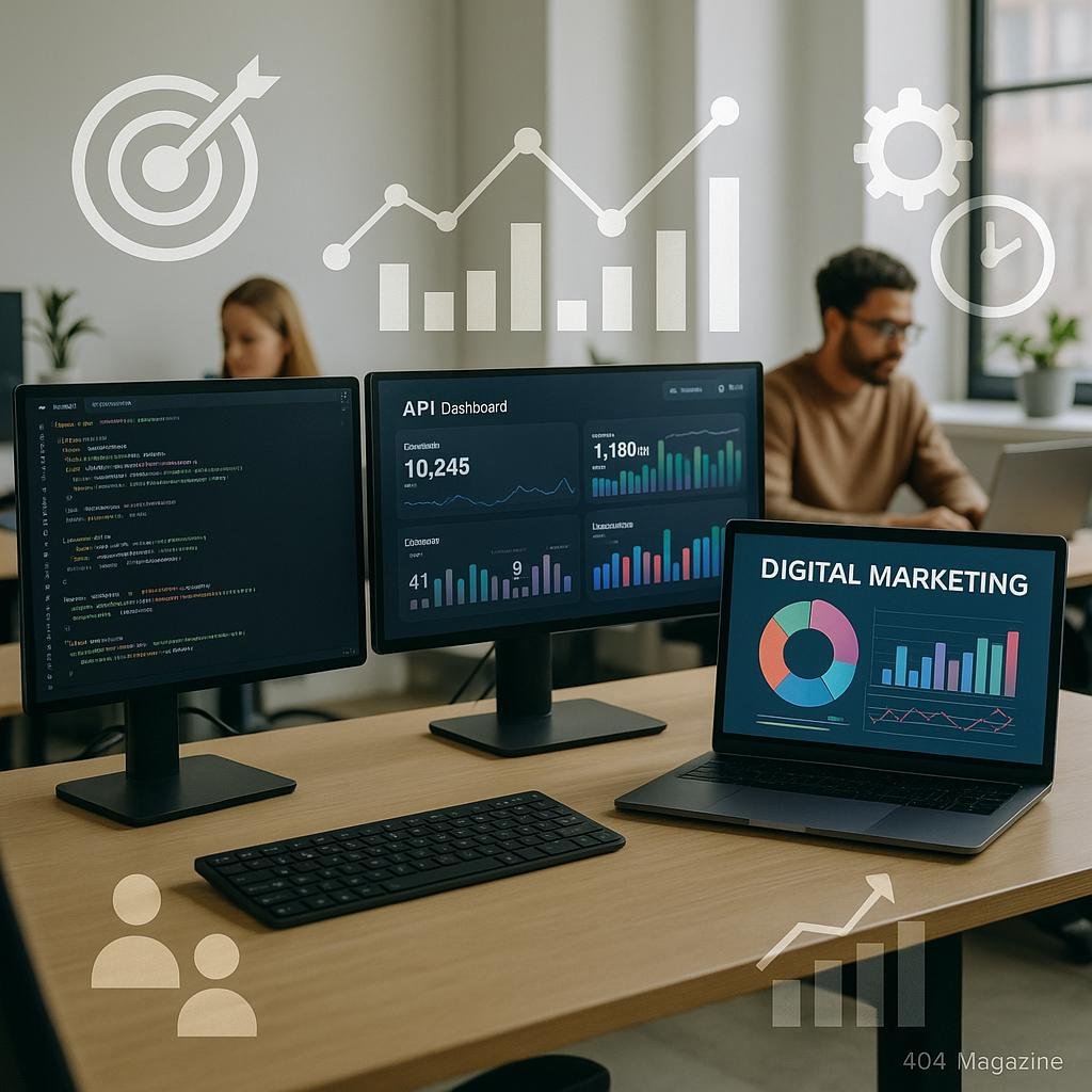 Modernes Büro-Setup mit mehreren Monitoren, Code-Snippets, Datenvisualisierungen und Teams, die an Laptops arbeiten, im hellen, professionellen Umfeld