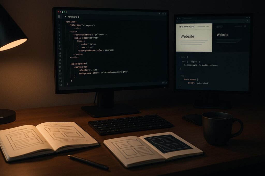 Moderner Arbeitsplatz eines Webentwicklers mit Computer, Notizbüchern mit Website-Layout-Skizzen, Tasse Kaffee und einer Monitoreinstellung, die zwischen Light- und Dark-Mode wechselt.