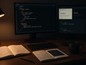 Moderner Arbeitsplatz eines Webentwicklers mit Computer, Notizbüchern mit Website-Layout-Skizzen, Tasse Kaffee und einer Monitoreinstellung, die zwischen Light- und Dark-Mode wechselt.