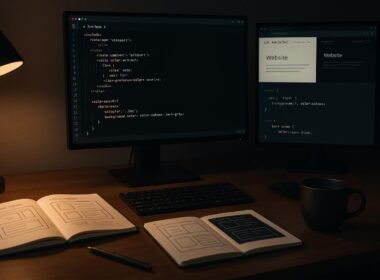 Moderner Arbeitsplatz eines Webentwicklers mit Computer, Notizbüchern mit Website-Layout-Skizzen, Tasse Kaffee und einer Monitoreinstellung, die zwischen Light- und Dark-Mode wechselt.