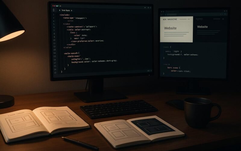 Moderner Arbeitsplatz eines Webentwicklers mit Computer, Notizbüchern mit Website-Layout-Skizzen, Tasse Kaffee und einer Monitoreinstellung, die zwischen Light- und Dark-Mode wechselt.