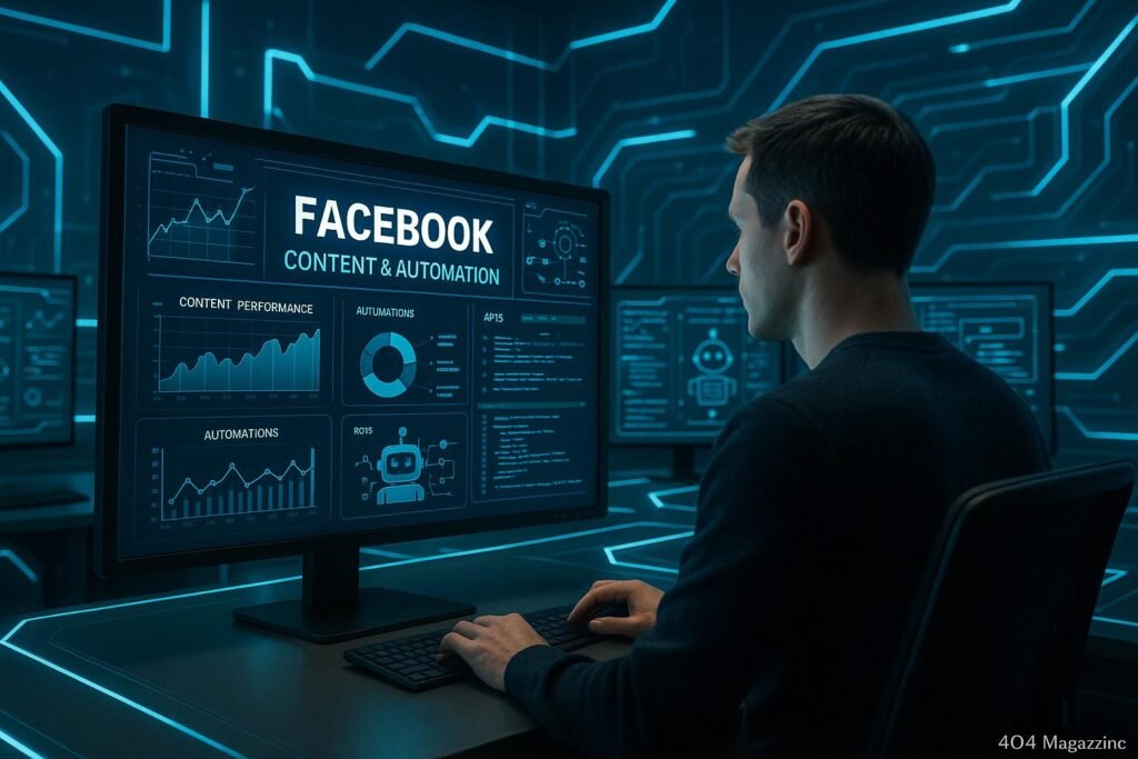 Futuristisches Büro mit mehreren Monitoren, die Datenfeeds, Chatbot-Visualisierungen und API-Integrationen zeigen, für Social Media Marketing Automatisierung.