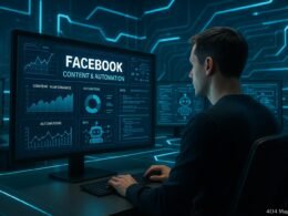 Futuristisches Büro mit mehreren Monitoren, die Datenfeeds, Chatbot-Visualisierungen und API-Integrationen zeigen, für Social Media Marketing Automatisierung.