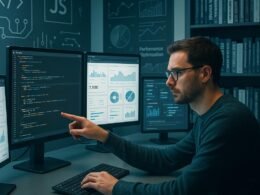 Entwickler in einem futuristischen Büro mit großen Monitoren, technischen Diagrammen und Büchern zu SEO und Webentwicklung