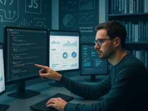 Entwickler in einem futuristischen Büro mit großen Monitoren, technischen Diagrammen und Büchern zu SEO und Webentwicklung