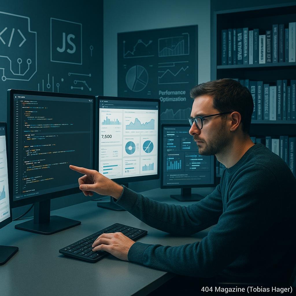 Entwickler in einem futuristischen Büro mit großen Monitoren, technischen Diagrammen und Büchern zu SEO und Webentwicklung