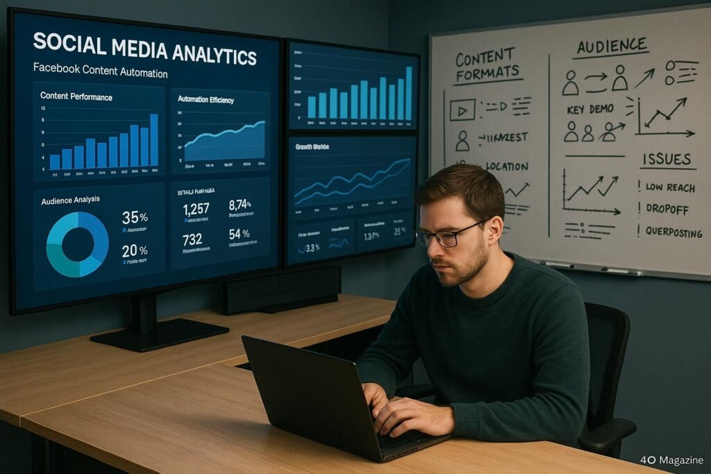 Modernes Social-Media-Analysezentrum mit Monitorn, KPI-Dashboards und Whiteboards im Hintergrund, Fokus auf Datenvisualisierung und Strategieentwicklung