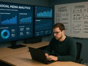Modernes Social-Media-Analysezentrum mit Monitorn, KPI-Dashboards und Whiteboards im Hintergrund, Fokus auf Datenvisualisierung und Strategieentwicklung