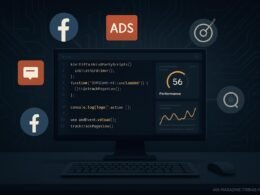 Moderne digitale Arbeitsumgebung mit Code, Performance-Dashboards und externen Skripten, dargestellt vor einem dunklen Circuit-Pattern-Hintergrund.