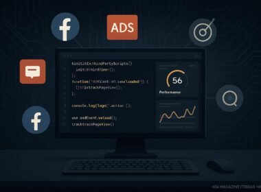 Moderne digitale Arbeitsumgebung mit Code, Performance-Dashboards und externen Skripten, dargestellt vor einem dunklen Circuit-Pattern-Hintergrund.