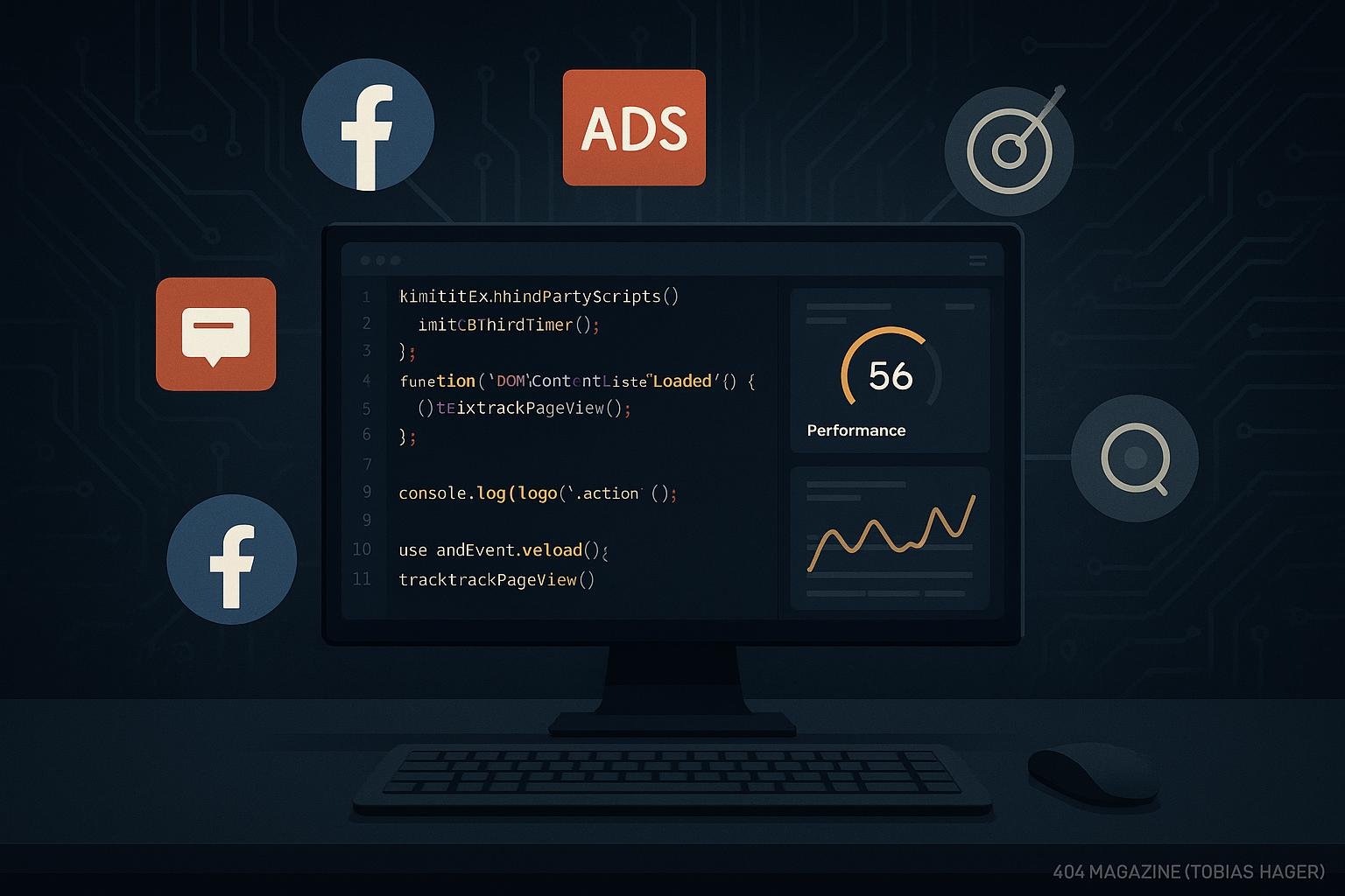 Moderne digitale Arbeitsumgebung mit Code, Performance-Dashboards und externen Skripten, dargestellt vor einem dunklen Circuit-Pattern-Hintergrund.