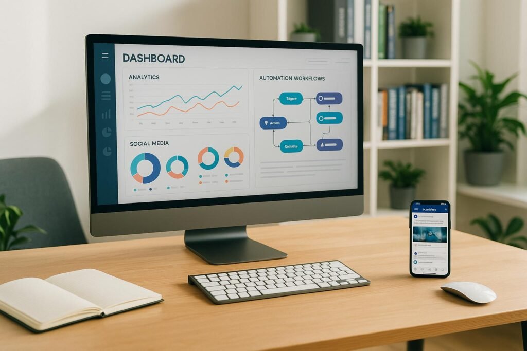 Moderner digitaler Arbeitsplatz mit großem Dashboard-Bildschirm, Notizbüchern, Smartphone und technischem Zubehör in einem stilvollen Büro mit Pflanzen und Büchern im Hintergrund.