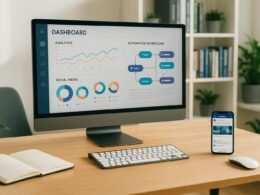 Moderner digitaler Arbeitsplatz mit großem Dashboard-Bildschirm, Notizbüchern, Smartphone und technischem Zubehör in einem stilvollen Büro mit Pflanzen und Büchern im Hintergrund.