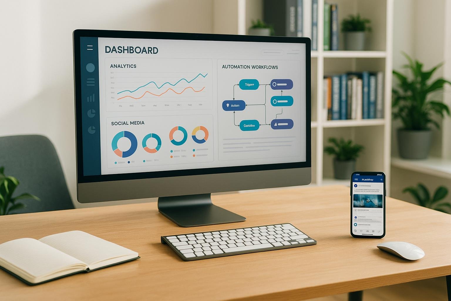 Moderner digitaler Arbeitsplatz mit großem Dashboard-Bildschirm, Notizbüchern, Smartphone und technischem Zubehör in einem stilvollen Büro mit Pflanzen und Büchern im Hintergrund.