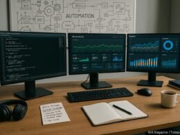 Moderner Arbeitsplatz mit mehreren Monitoren, Whiteboard voller Skizzen und technischen Gadgets