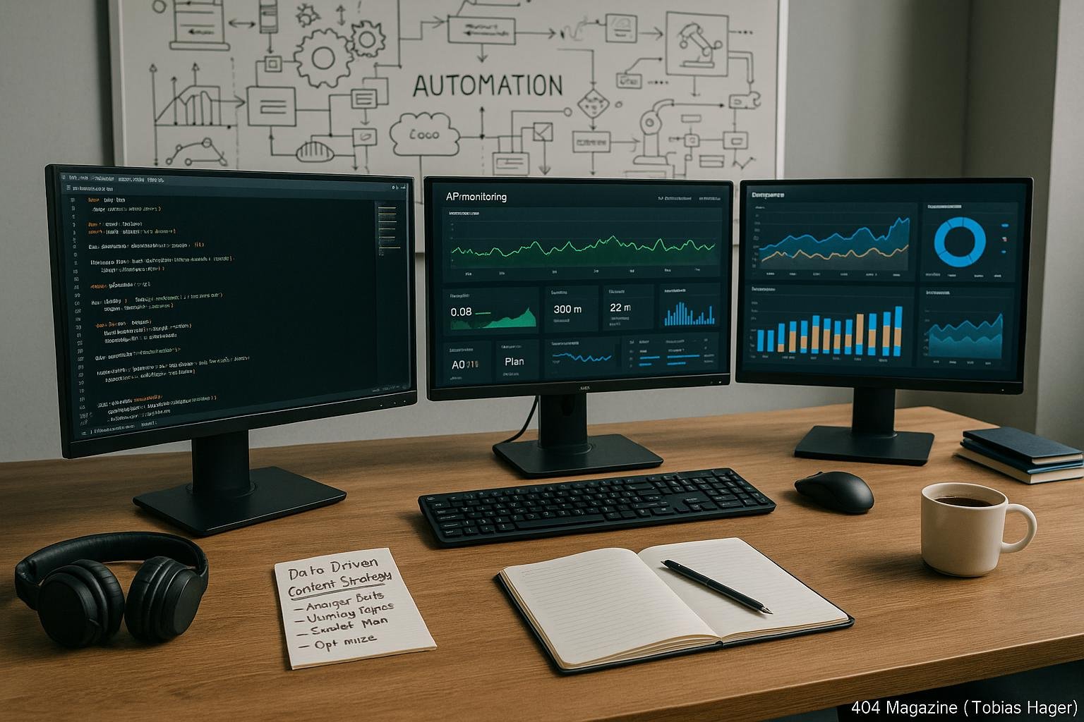 Moderner Arbeitsplatz mit mehreren Monitoren, Whiteboard voller Skizzen und technischen Gadgets
