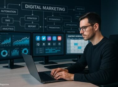 Moderner Arbeitsplatz mit mehreren Bildschirmen, die Analysen, Social Media und Content-Management für E-Commerce zeigen, mit digitalem Marketing-Flowchart im Hintergrund, Credit: 404 Magazine (Tobias Hager)