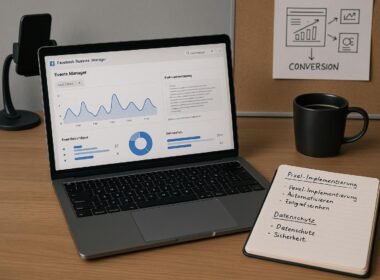 Detaillierter Blick auf einen modernen digitalen Arbeitsbereich mit Laptop, Facebook Business Manager, Notizen, Smartphone-Halterung, Tasse Kaffee und Skizzen, Credit: 404 Magazine (Tobias Hager)