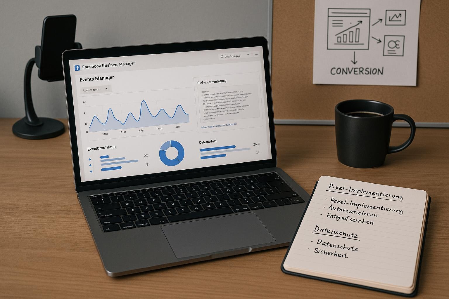 Detaillierter Blick auf einen modernen digitalen Arbeitsbereich mit Laptop, Facebook Business Manager, Notizen, Smartphone-Halterung, Tasse Kaffee und Skizzen, Credit: 404 Magazine (Tobias Hager)