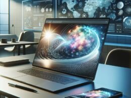 Modernes Büro mit Laptop und Smartphone, die hochauflösende Bilder präsentieren, im Hintergrund Visualisierungen von KI-Netzwerken und Datenströmen, helles Licht, professionelle Atmosphäre