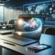 Modernes Büro mit Laptop und Smartphone, die hochauflösende Bilder präsentieren, im Hintergrund Visualisierungen von KI-Netzwerken und Datenströmen, helles Licht, professionelle Atmosphäre