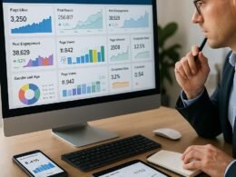 Moderner Arbeitsplatz mit mehreren Bildschirmen, die Facebook-Analytics-Dashboards, Engagement-Daten auf Smartphones und Tablets sowie eine Person bei der Datenanalyse zeigen