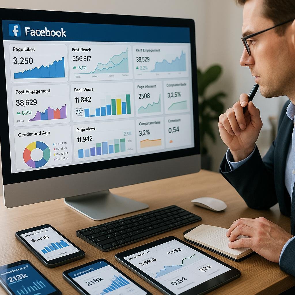 Moderner Arbeitsplatz mit mehreren Bildschirmen, die Facebook-Analytics-Dashboards, Engagement-Daten auf Smartphones und Tablets sowie eine Person bei der Datenanalyse zeigen