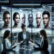Diverse Fachleute in einem modernen Marketing-Arbeitsplatz mit digitaler Anzeige und KI-generierten Porträts im Hintergrund