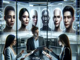 Diverse Fachleute in einem modernen Marketing-Arbeitsplatz mit digitaler Anzeige und KI-generierten Porträts im Hintergrund