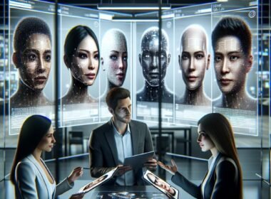 Diverse Fachleute in einem modernen Marketing-Arbeitsplatz mit digitaler Anzeige und KI-generierten Porträts im Hintergrund