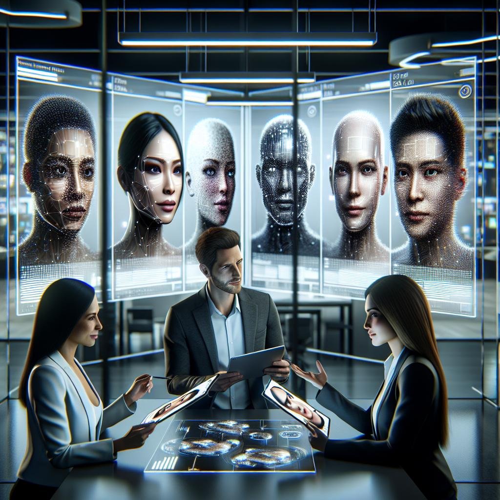 Diverse Fachleute in einem modernen Marketing-Arbeitsplatz mit digitaler Anzeige und KI-generierten Porträts im Hintergrund