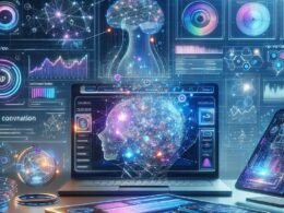 Futuristisches Webdesign mit adaptive Benutzeroberfläche, neuronalen Netzwerken, Datenströmen und Echtzeit-Graphen, präsentiert auf Laptop und Smartphone.