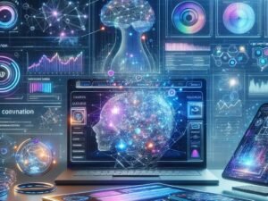Futuristisches Webdesign mit adaptive Benutzeroberfläche, neuronalen Netzwerken, Datenströmen und Echtzeit-Graphen, präsentiert auf Laptop und Smartphone.