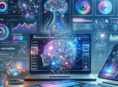 Futuristisches Webdesign mit adaptive Benutzeroberfläche, neuronalen Netzwerken, Datenströmen und Echtzeit-Graphen, präsentiert auf Laptop und Smartphone.