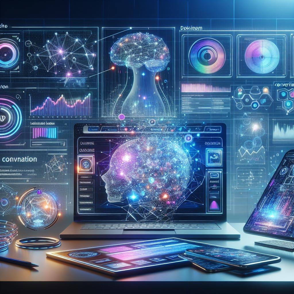 Futuristisches Webdesign mit adaptive Benutzeroberfläche, neuronalen Netzwerken, Datenströmen und Echtzeit-Graphen, präsentiert auf Laptop und Smartphone.