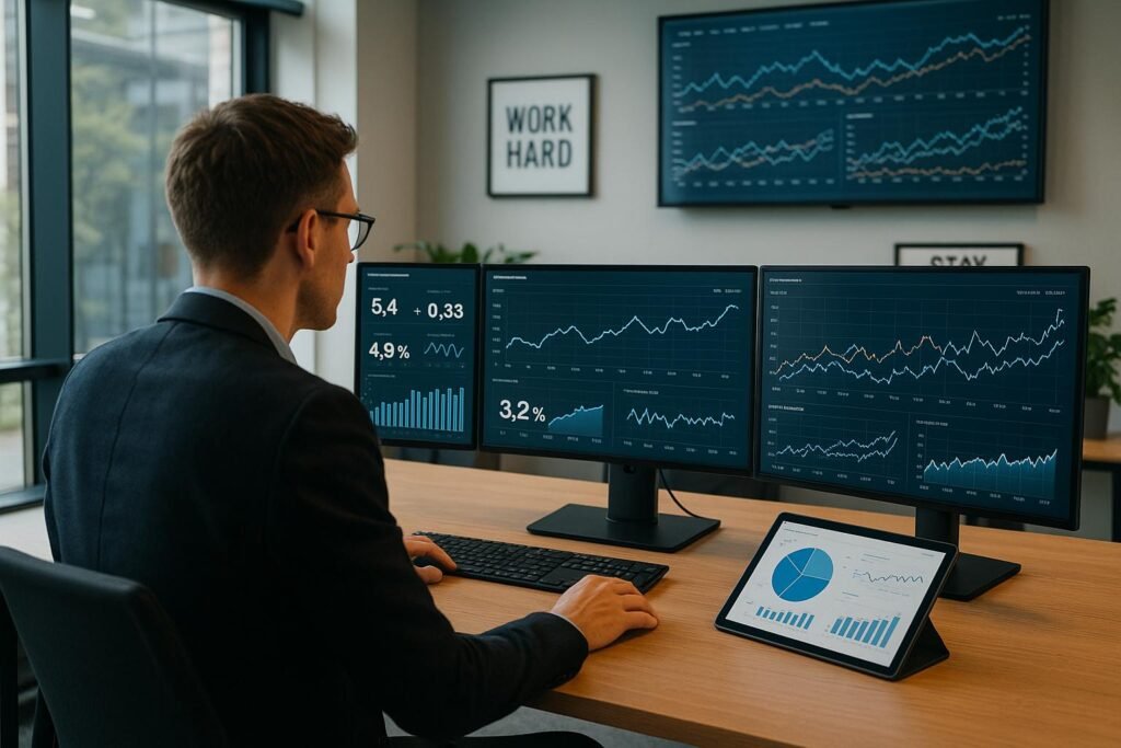 Strategen im modernen Büro vor großen Monitoren mit Datenanalysen, Diagrammen und KPIs wie ROAS, CPC, CTR und Conversion Rates, im Hintergrund Trendcharts und motivierende Zitate.