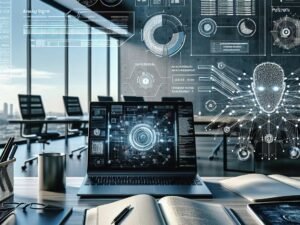 Moderne Büroszene mit Laptop, Notizbüchern, Tablet und Whiteboard mit technischen Diagrammen, die KI-gestützte Content-Überwachung darstellen