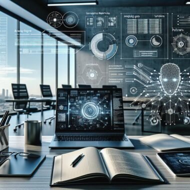 Moderne Büroszene mit Laptop, Notizbüchern, Tablet und Whiteboard mit technischen Diagrammen, die KI-gestützte Content-Überwachung darstellen